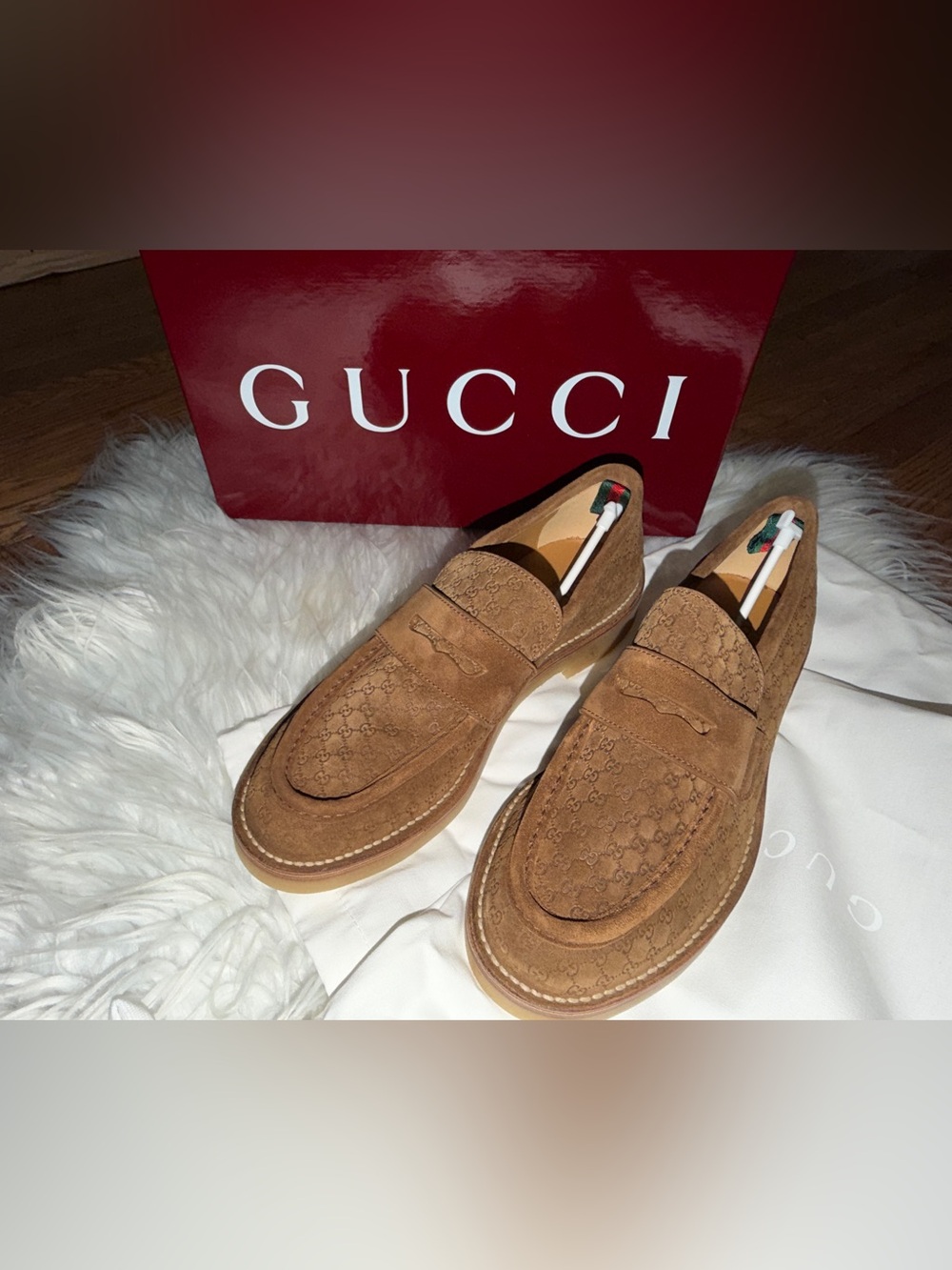 Gucci Men's Tan Brown Loafers with Web NWT